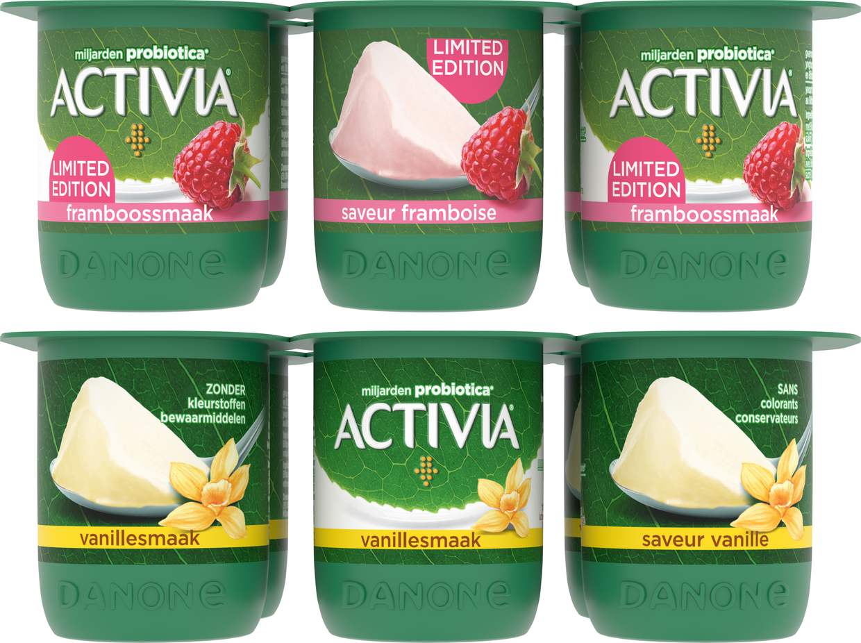 Activia : le pack framboise édition limitée à côté du pack vanille de la gamme