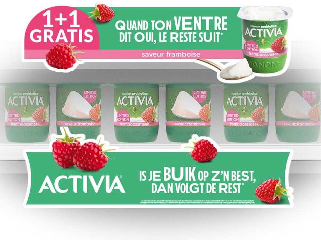 Activia Framboise en rayon : wobbler 1+1 et stop-rayon bilingue
